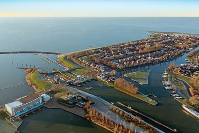 Aerial from the harbor and city stavoren at the ijsselmeer in the netherlands