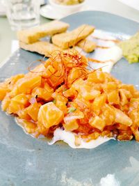 High angle view of breakfast served on table