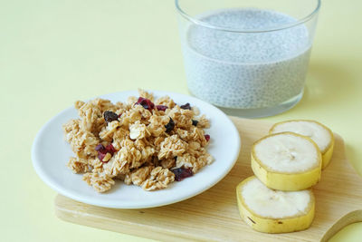 High angle view of breakfast served on table