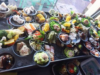 High angle view of food for sale at market stall