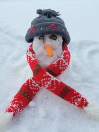 Close-up of snow covered hat during winter