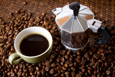 High angle view of coffee cup on table