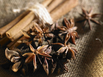 Close-up of spices on burlap