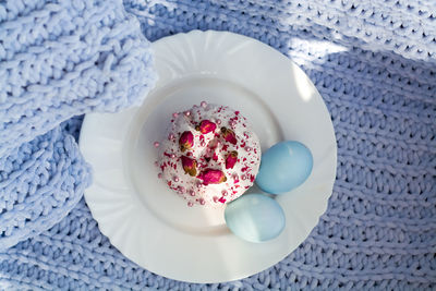 High angle view of dessert served on table