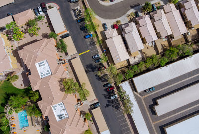 High angle view of street amidst buildings in city