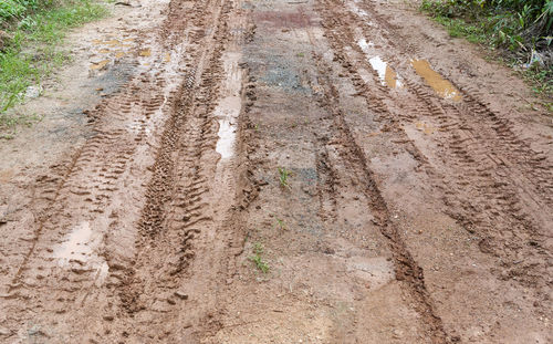 High angle view of tire tracks on dirt road