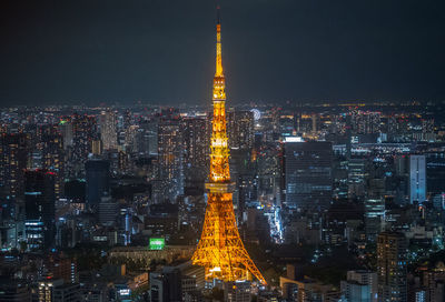 Illuminated buildings in city at night