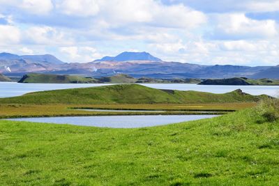 Scenic view of green landscape and lake against sky