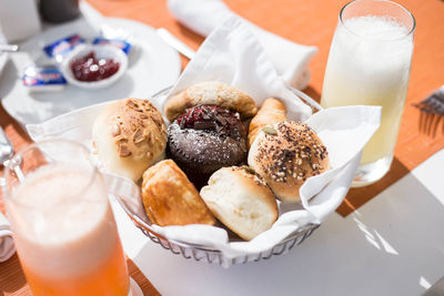 High angle view of breakfast served on table