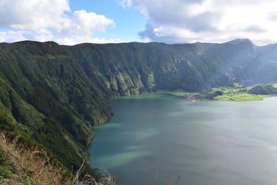 Scenic view of river amidst mountains against sky