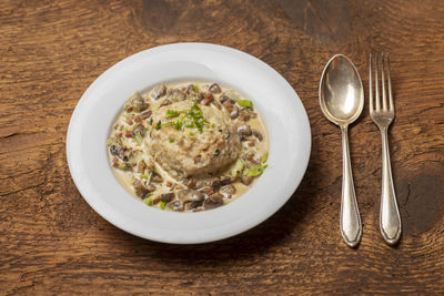 High angle view of meal served on table