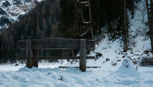 Snow covered field against trees