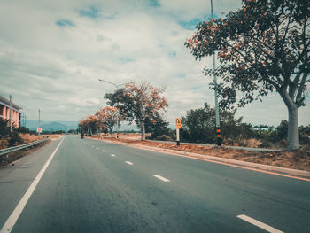 Empty road by trees against sky