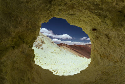 Scenic view of rock formation seen through hole in cave