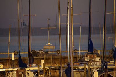 Sailboats moored at harbor against sky during sunset