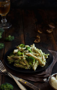 High angle view of vegetables in plate on table