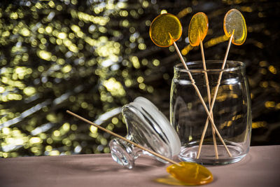 Close-up of drink on glass table