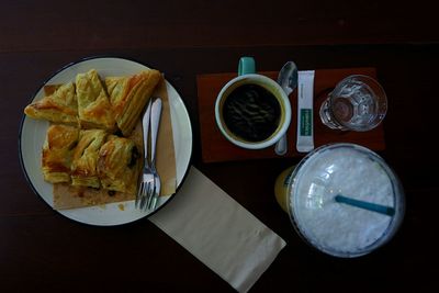 High angle view of breakfast on table