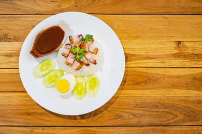 High angle view of food served on table