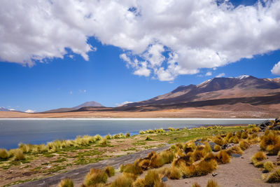 Scenic view of lake and mountains against sky