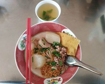 Close-up of soup served on table