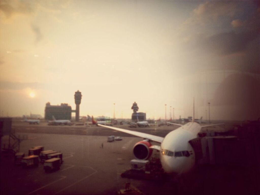 transportation, mode of transport, airplane, air vehicle, sky, sunset, flying, cloud - sky, aircraft wing, car, land vehicle, airport runway, travel, outdoors, public transportation, no people, landscape, nature, cloud, airport