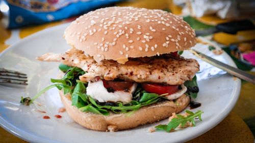 Close-up of burger served on plate