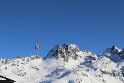 Scenic view of snowcapped mountains against clear blue sky