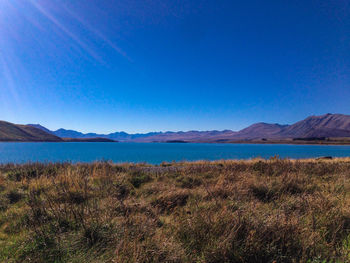 Scenic view of lake against blue sky