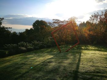 Shadow of trees on grass against sky