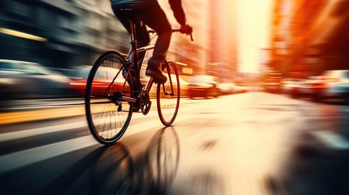 Low section of man riding bicycle on street