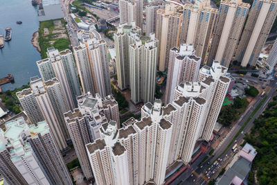 High angle view of modern buildings in city