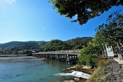 Bridge over river by buildings against blue sky