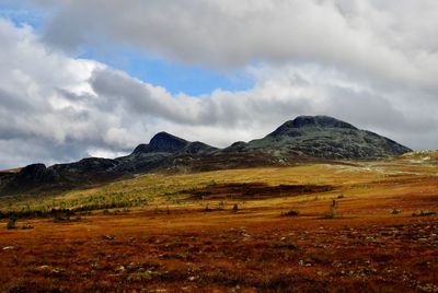 Scenic view of landscape and mountains against sky