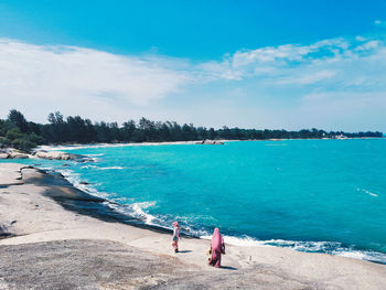 Rear view of people on beach against blue sky