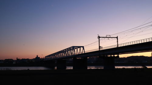 Railway bridge over river against sky during sunset