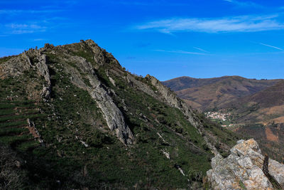 Scenic view of rocky mountains against blue sky