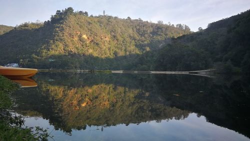 Scenic view of lake by trees against sky