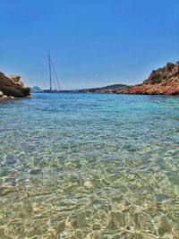 Sailboats on sea shore against clear sky