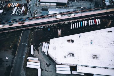 High angle view of train in city during winter