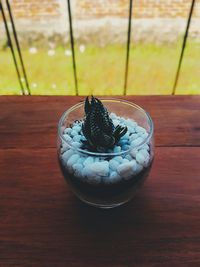 High angle view of ice cream in glass on table