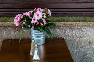 Flower pot on wooden table