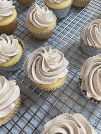 High angle view of cupcakes on table