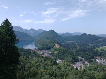 High angle view of townscape against mountains