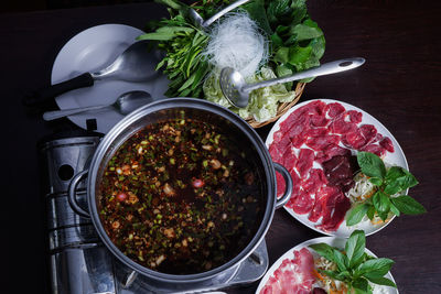 High angle view of food on table