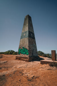 Built structure on field against clear blue sky