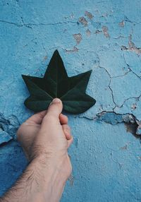 Close-up of hand holding maple leaf against wall