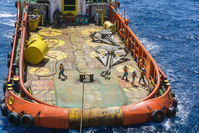 High angle view of ship sailing in sea