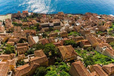 High angle view of buildings in city