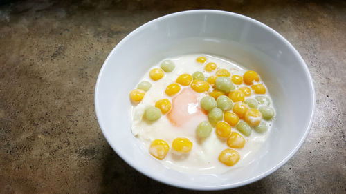 High angle view of breakfast in bowl on table